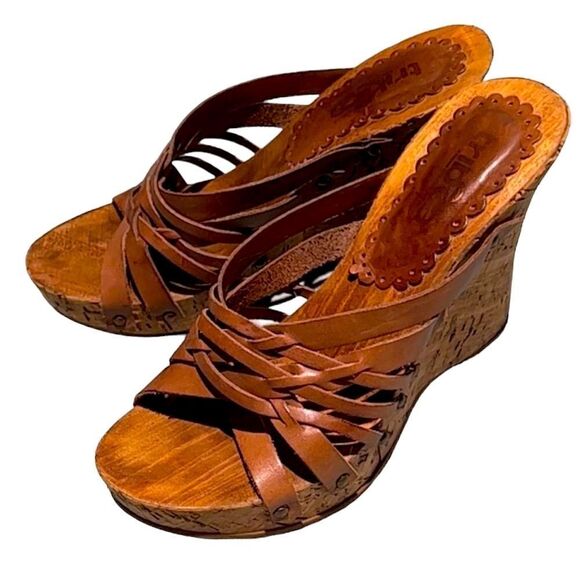 Tribeca Corky Wedge Leather Sandals Size 7 B41 - Picture 1 of 8